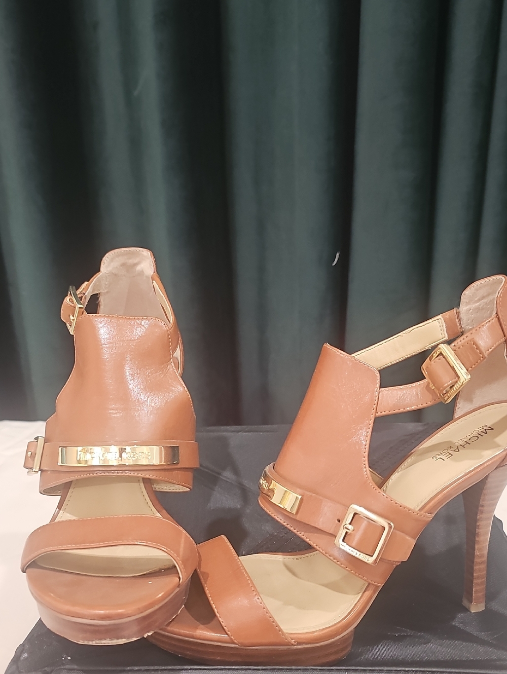 Michael Kors Cognac Leather Platform High-Heel Sandals with Gold Accents